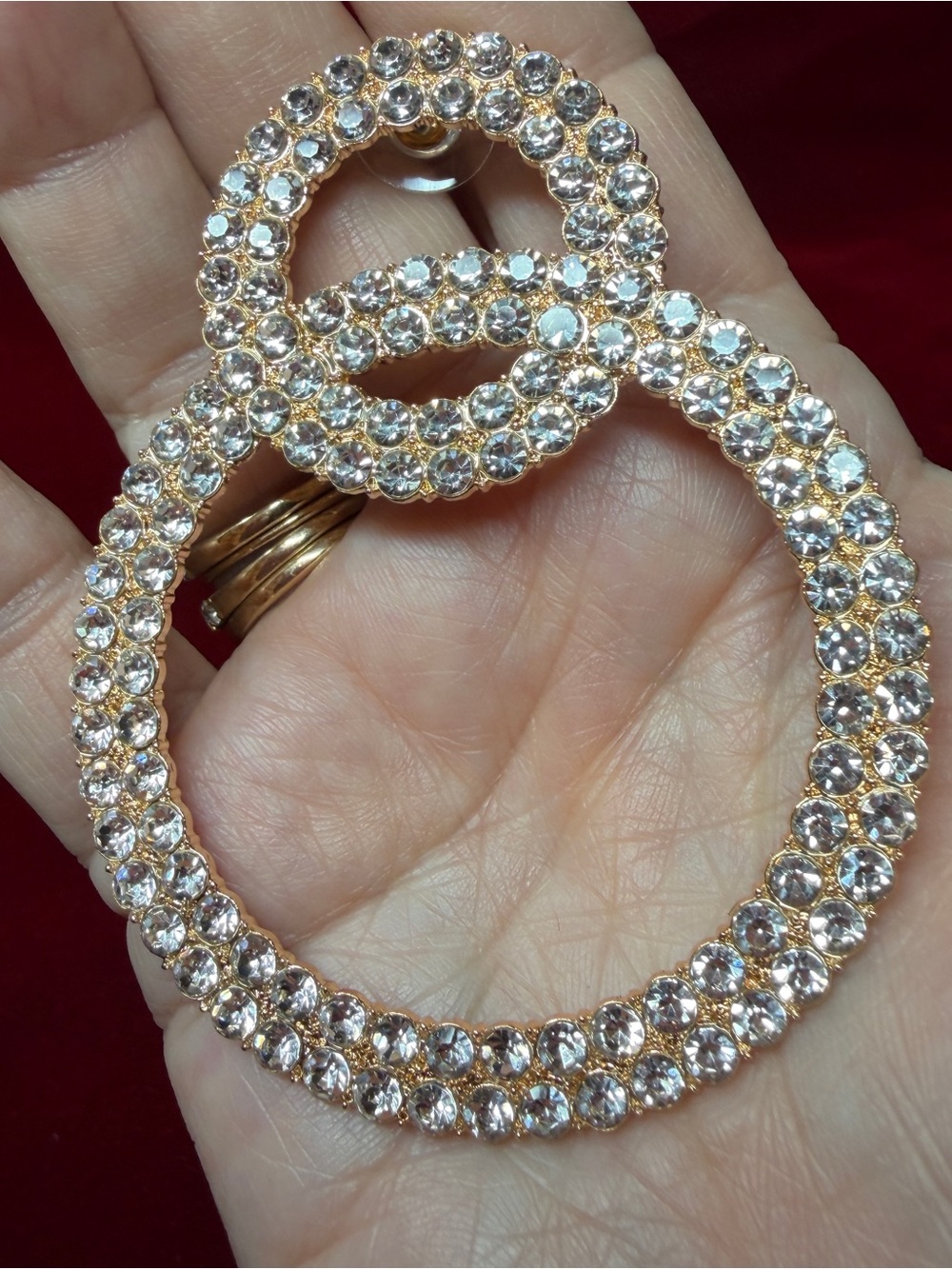 Gold Crystal Double Hoop Statement Earrings 3” Long NWOT Never Worn - Picture 4 of 4